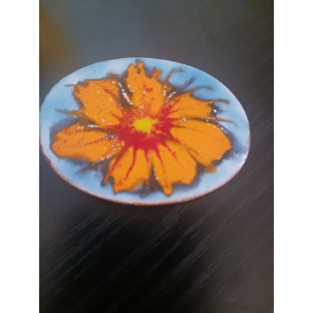 Handmade Painted Vintage Orange Flower Brooch Signed Isreal